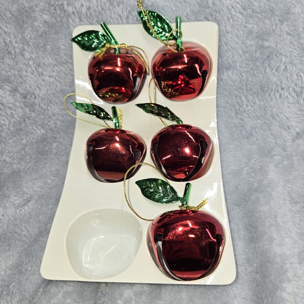 Apple Hanging Christmas Baubles, Red/Green metal Solid Pattern, Set of 5, 2 in